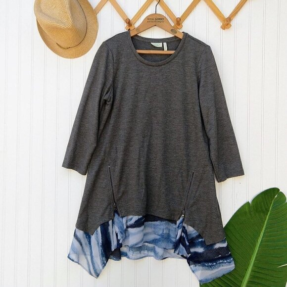 Logo Lori Goldstein Lounge Zip Chiffon Hem Tunic Top Size S Gray Blue Sharkbite - Picture 2 of 9